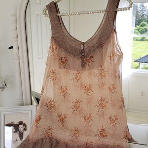 Heritage 1981 Top Medium M Peach Floral Tank Style Shear Ruffle Summer SILK